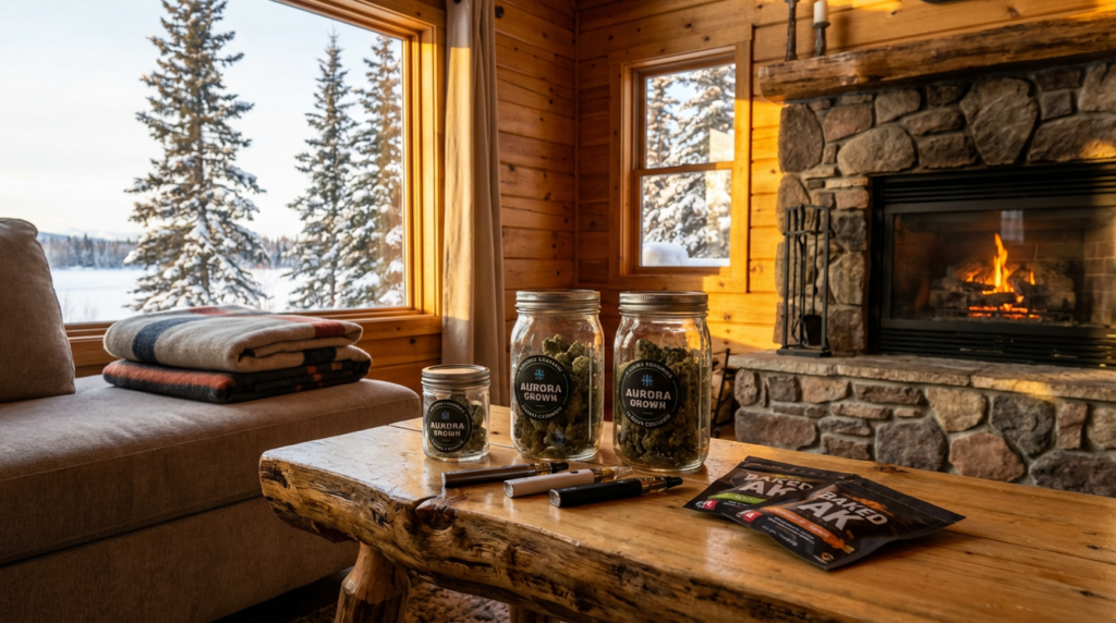 Modern cannabis dispensary storefront in Fairbanks, Alaska during golden hour with snow-capped mountains and northern lights in the background